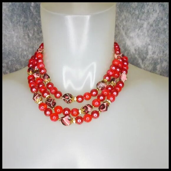 Red Vintage Multi Strand Necklace, Rhinestone Rondelles, Beaded Multistrand - Picture 2 of 14